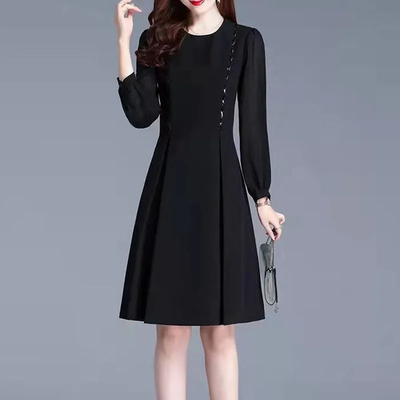 

Female Slim Black Elegant Dress Fashion Office Lady Round Neck Spliced Long Sleeve High Waist Dresses Women's Clothing P43