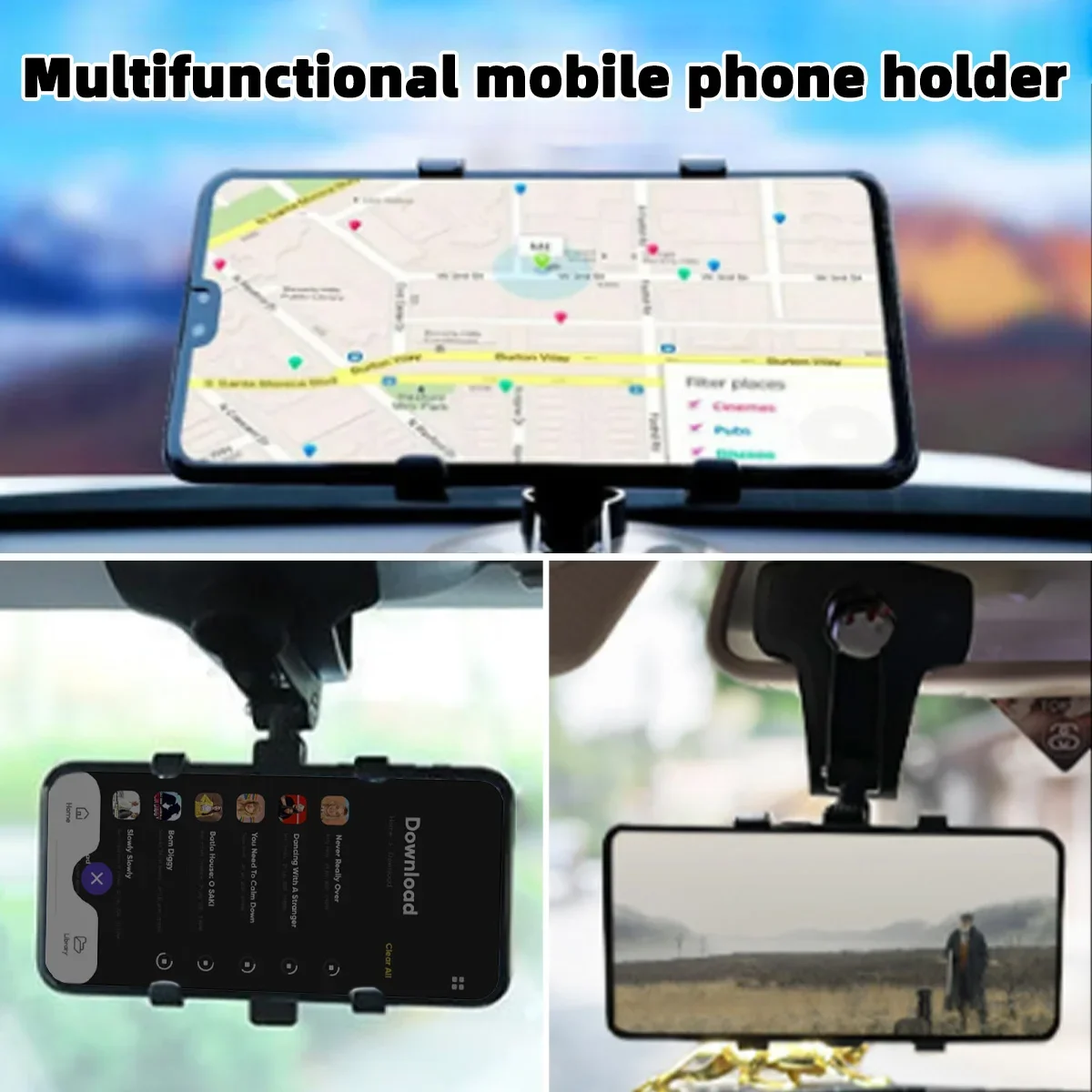 Car Phone Holder ABS Mobile Phone Sun Visor Holder Auto Rear View Mirror Support 360 Degree Rotation Accessories