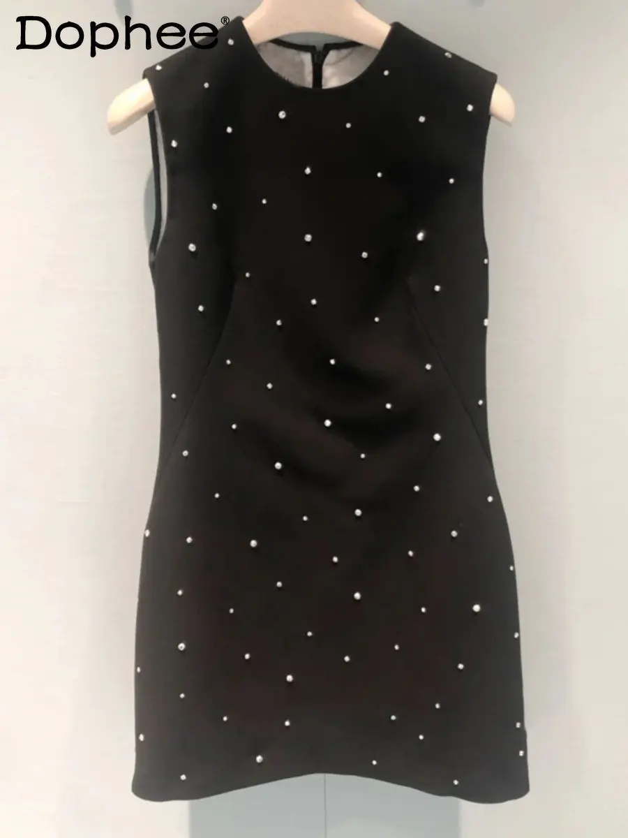 

2023 Summer New Diamond Sleeveless Mini Dress Women High-Grade Full-Body Rhinestone Black Slimming Bodycon Dress Banquet Party