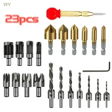 

HSS Chamfering Tool Combination Set Woodworking Countersunk Chamfering Bits Hexagonal Shank Titaniumplated Chamfering Tool 23PCS