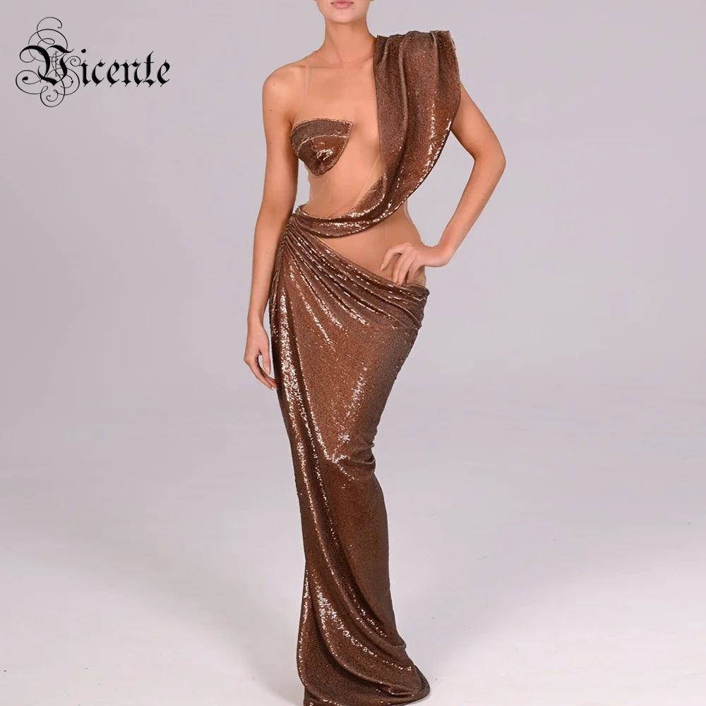 

VC Women'S Dress Glitter Brown Sequins Patchwork Nude Mesh See Through Sexy Party Nightclub Maxi Long Gowns