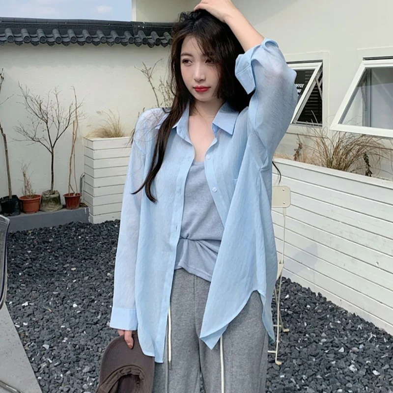 Rimocy Summer Korean Sun Protection Shirts Women 2024 Simple Solid Color Thin Blouse Woman Long Sleeve Loose Beach Shirt Mujer