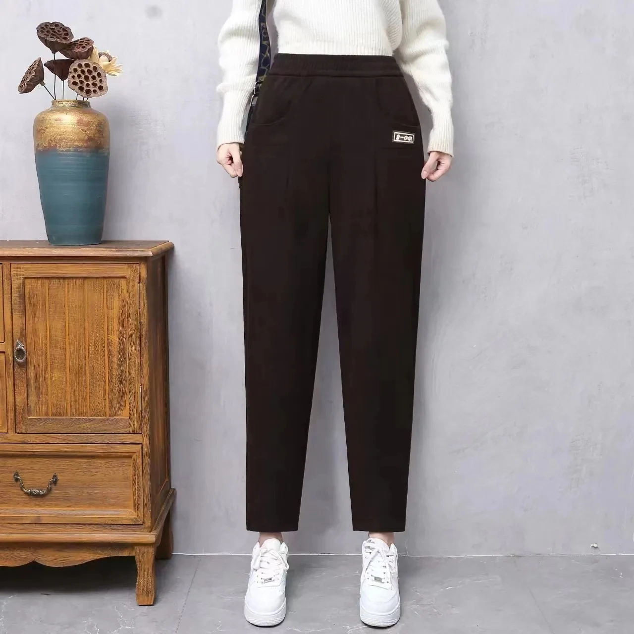 

Брюки женские вельветовые с карманами, однотонные свободные эластичные модные повседневные Элегантные штаны из шенилла, с высокой талией, в стиле Харлан, Осень-зима