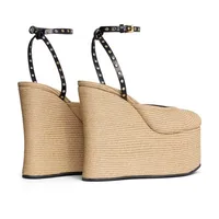 Summer Grass Woven Platform Sandals Women Wedge Heel Thick Soled Sandals Ankle Strap Supper High Heels Party Women's Sandals New - Image 3