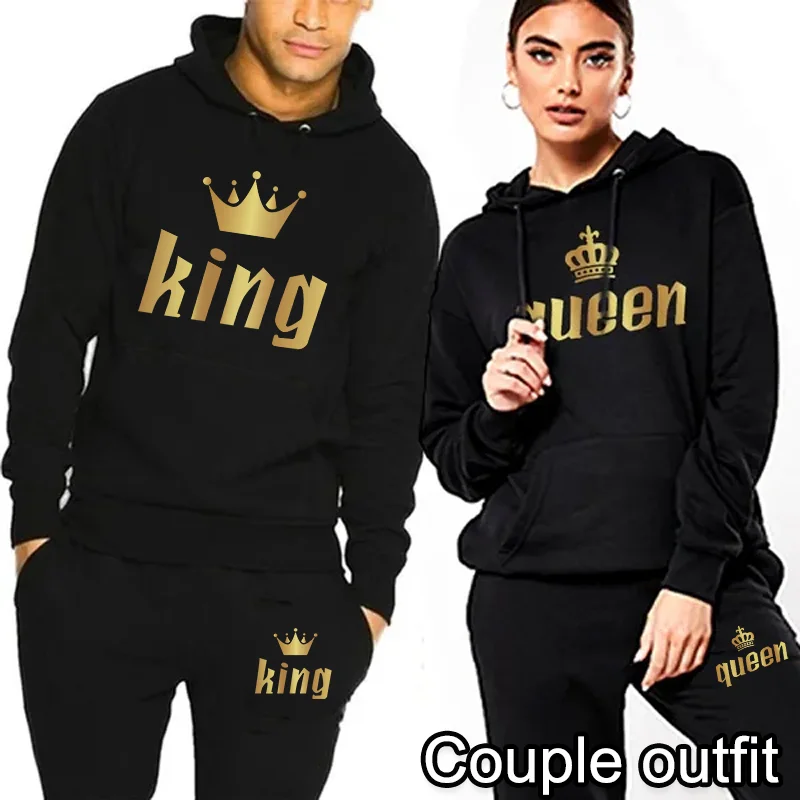 

New King Queen Print Couple Sweatshirt and Pants Casual Sport Suits Solid Color Tracksuits Spring Hoodie and Pants Set