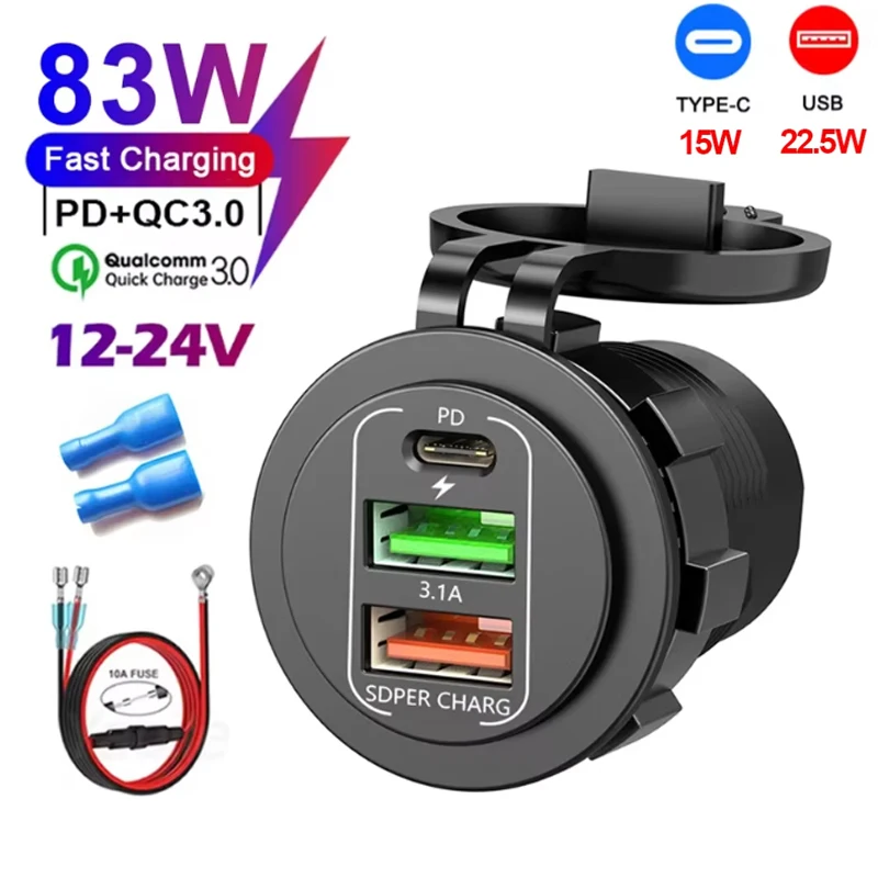 Caricabatterie Auto Con Doppia USB PD QC3.0 - Presa 12V-24V Per Auto Barca - LED Blu/Rosso