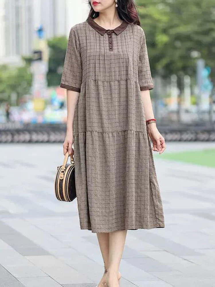 Nyfs 2023 Sprint Estate New Office Lady Abiti Da Donna Vestidos Robe Ete Femme Elbise Abito Lungo Scozzese In Lino Di Cotone Sciolto
