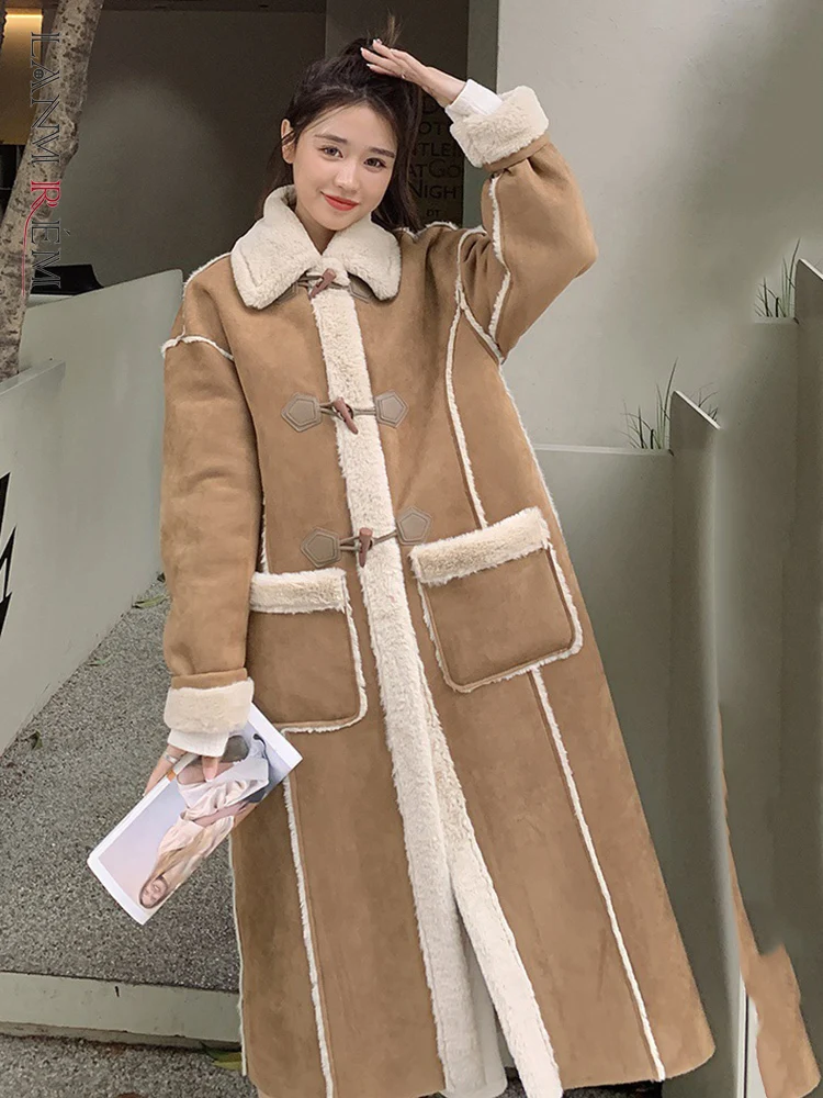 

LANMREM Spliced Contrast Woolen Overcoat Hown Button Pockets Long Sleeve Thicken Warm Coat 2024 New Winter Clothing 2L2092