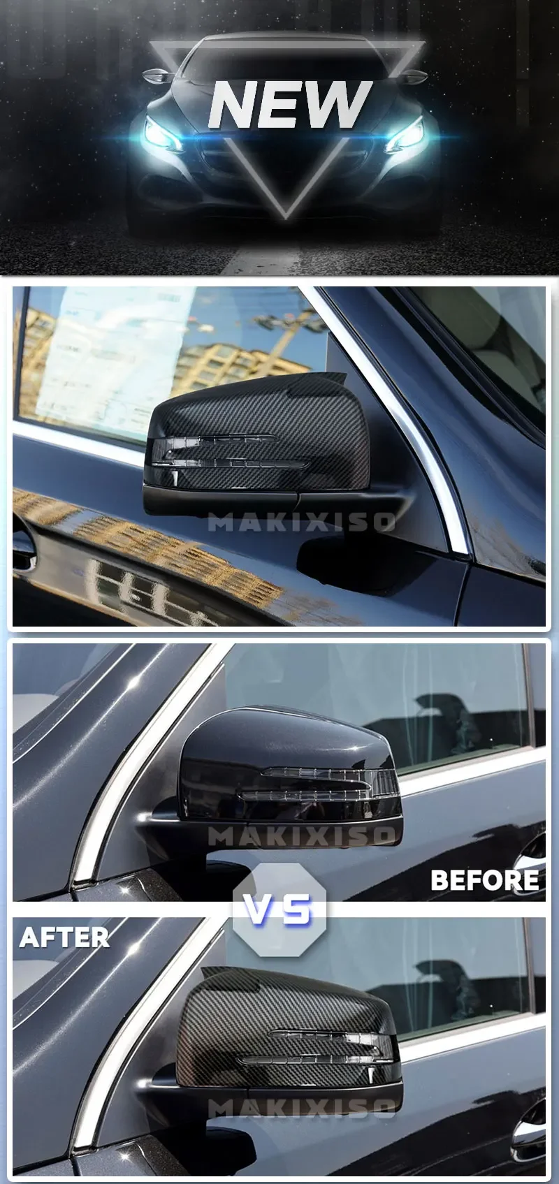 Seitenspiegelkappenabdeckungen für Mercedes Benz W176 W246 W212 W204 C117 X156 X204 W221 C218 A B C E S CLA GLA GLK Klasse Schwarz – Detail 1