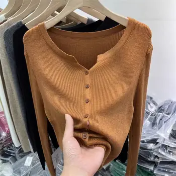 2025 الكورية نمط لينة سترة مشغولة من الصوف امرأة أوائل الخريف كم طويل سليم عادية الخامس الرقبة قاع سترة متماسكة القمم 3