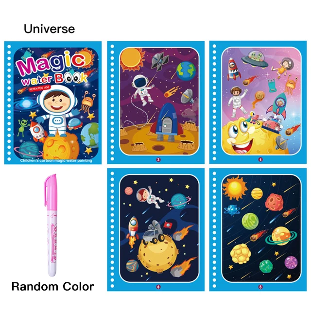 Magical Water Drawing Book Toys Variety of Themes Reusable Coloring Magic Water Drawing Book Early Education Toys for Children Universe