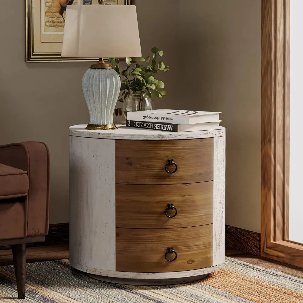 3-drawer wooden storage cabinet, 20" mdf round cabinet with vintage whitewash finish, nightstand with drawer, wooden bedside tab 1
