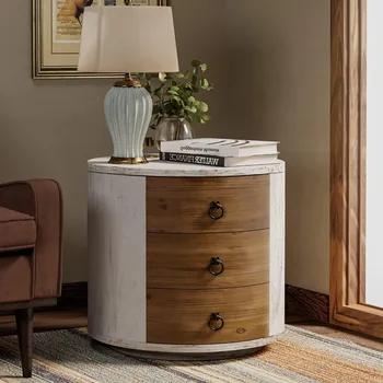 3-drawer wooden storage cabinet, 20" mdf round cabinet with vintage whitewash finish, nightstand with drawer, wooden bedside tab 1