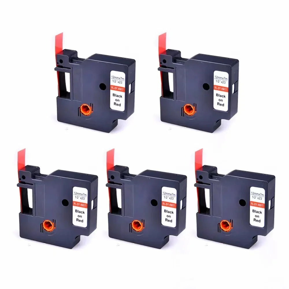 

5PK совместимый D1 45017 S0720570 стандартная этикетка лента для производитель этикеток dymo, черный на красном 12 мм (1/2 дюйма) ширина x 7 м (23 фута) Длина