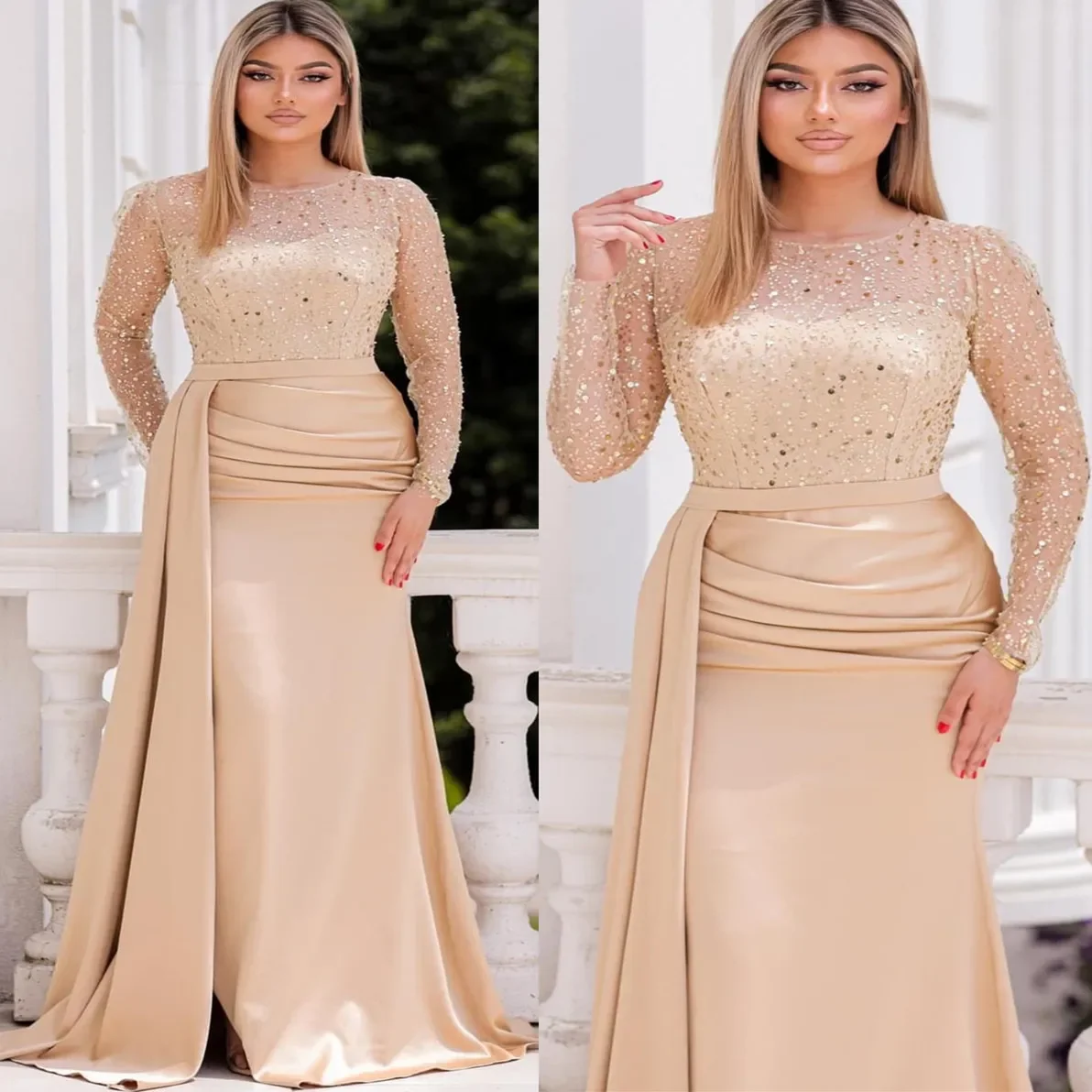 

2024 Aso Ebi Mermaid Champagne Prom Dress Sequins Evening Formal Party Second Reception Birthday Engagement Gowns Robe De Soiree