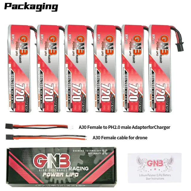 6PCS GNB 3.8V 720mAh 1S 100C/200C HV 4.35V LiHV Battery With A30 Male Connector For RC FPV Drone DIY Plug VS BT2.0 2