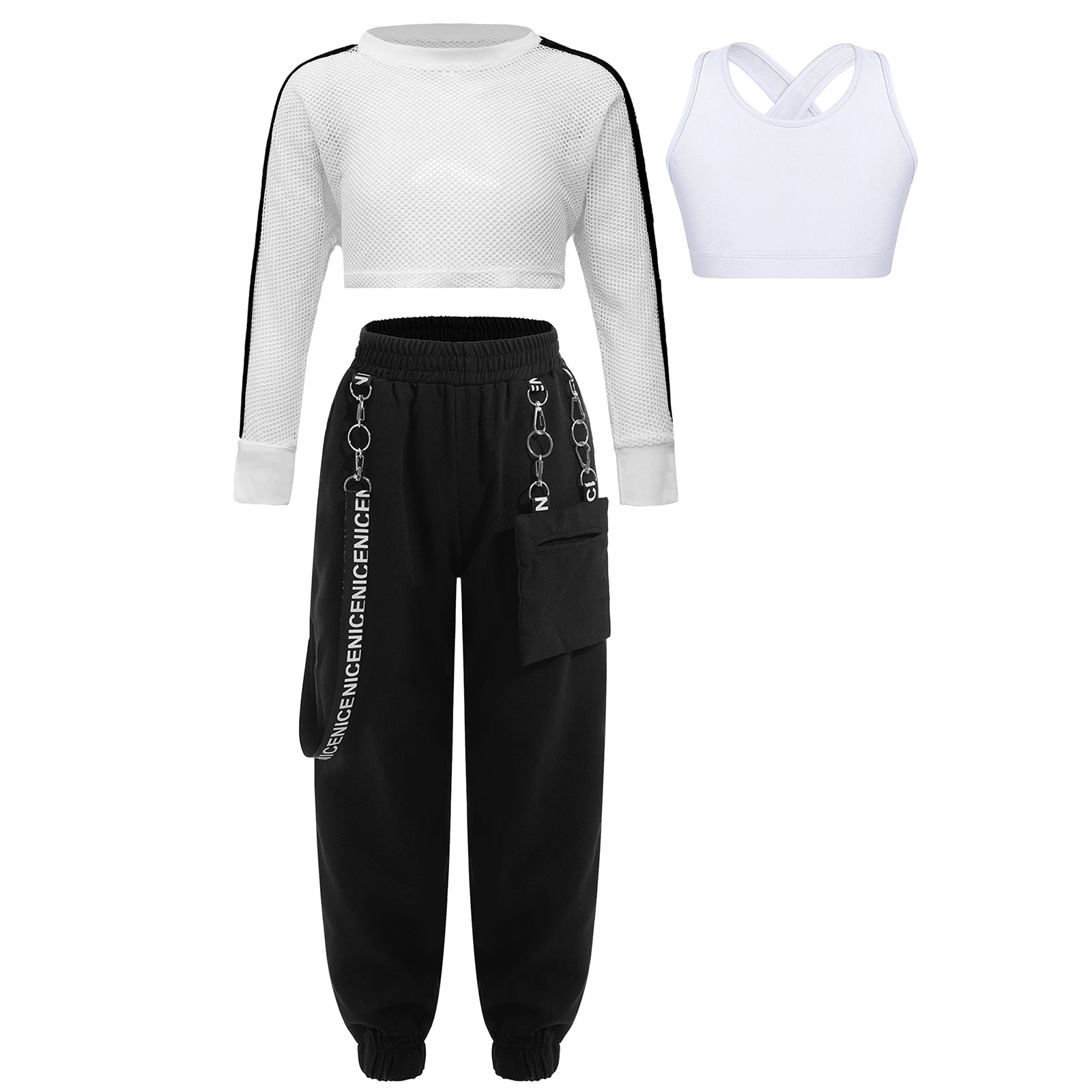 Kinder Mädchen Hip-Hop Jazz Tanz Performance Outfits: Rückenfreies Top mit Cargo-Hose und Mesh Langarm Crop Top Tanzkleidung – Detail 8