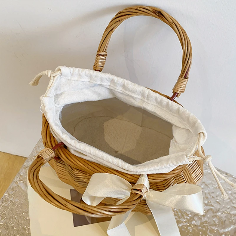Summer Straw Basket Tote Bags for Women Rattan Woven Wallet Handbags Ladies Beach String Holiday Bucket Hand Bag