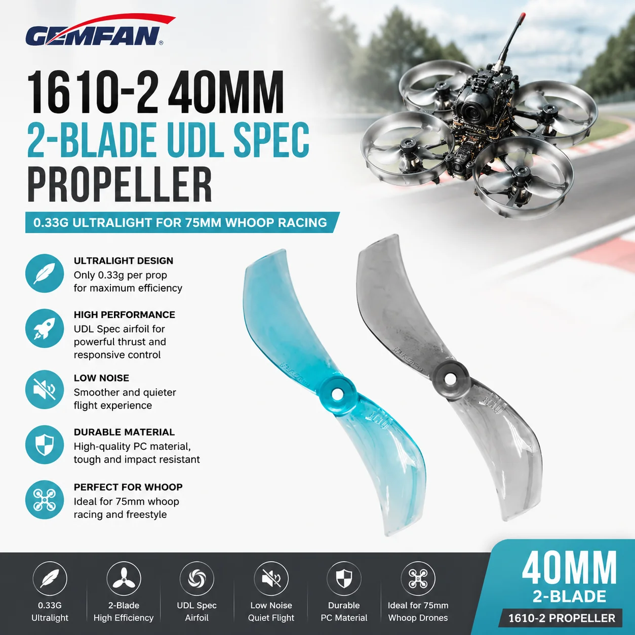 Gemfan 1610-2 40mm 2-Blatt UDL Spec Propeller 0,33g für 75mm Whoop Racing
