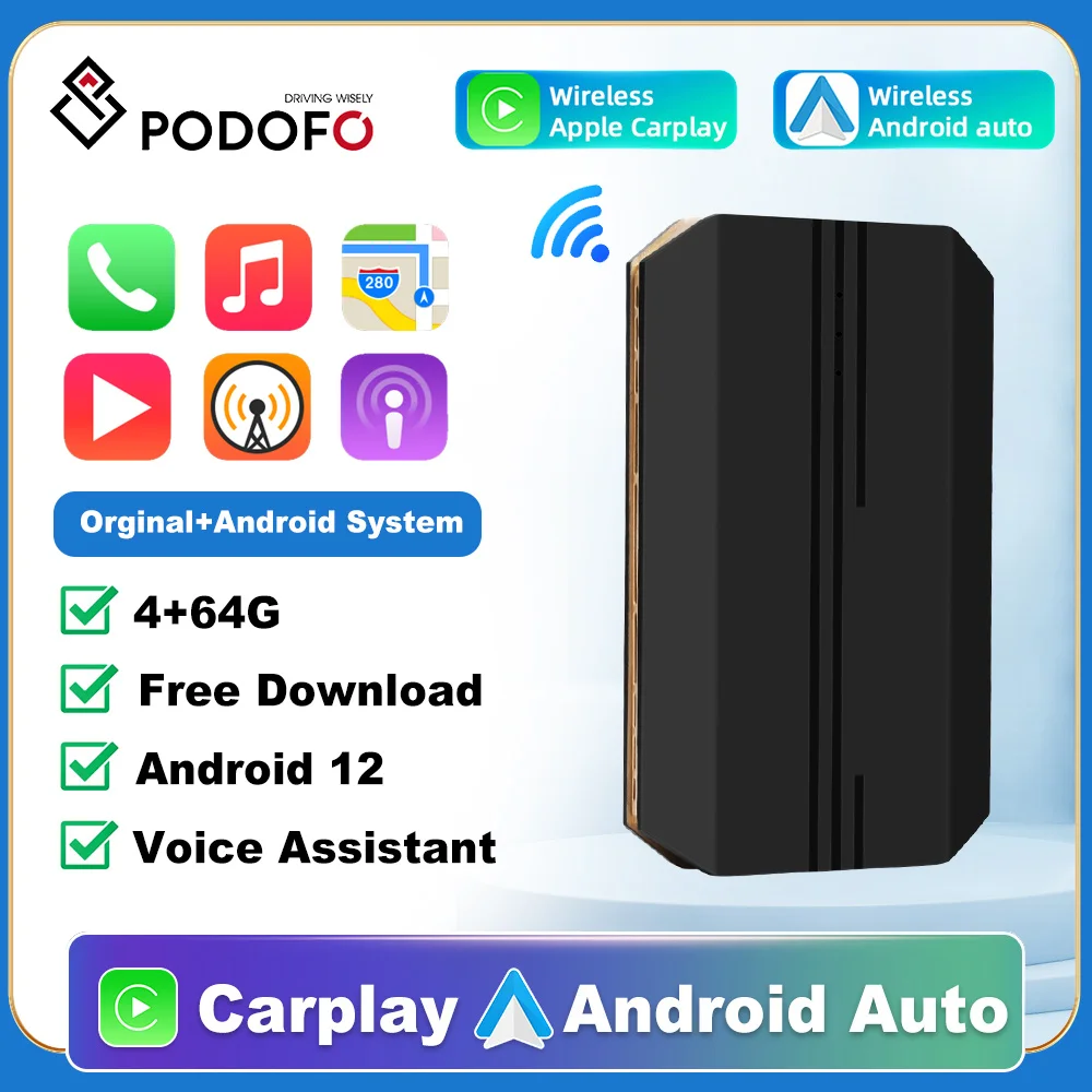 

Podofo USB Wireless CarPlay Wired Android Auto AI Box GPS Car Multimedia Player Bluetooth Android 12 CarPlay Auto Connect