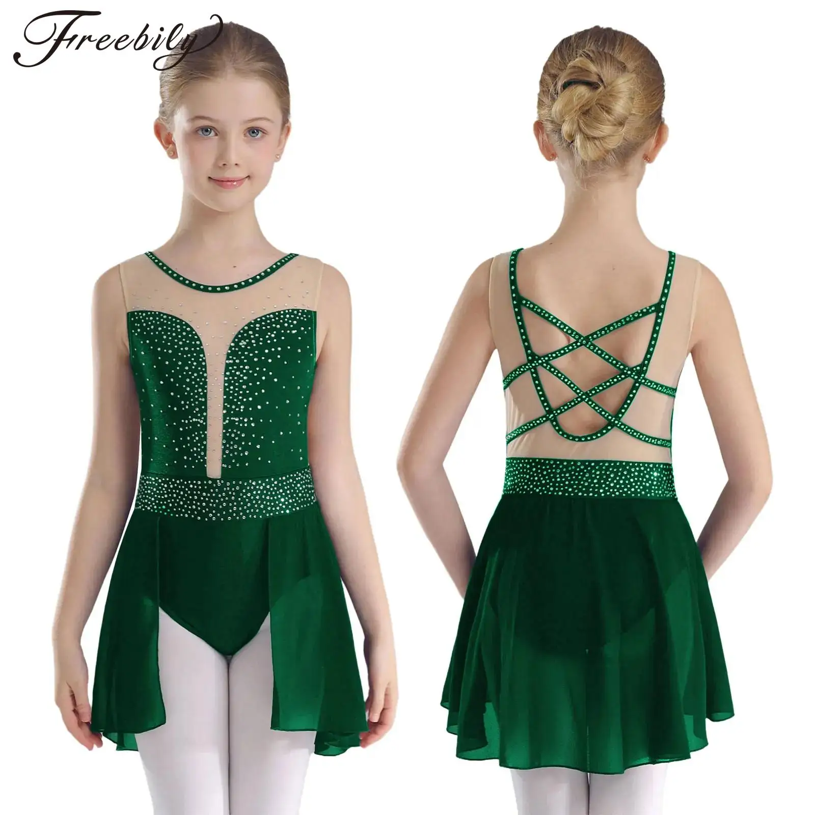 Women Shiny Rhinestones Figure Skating Leotard Gymnastics Metallic Sequins Dress