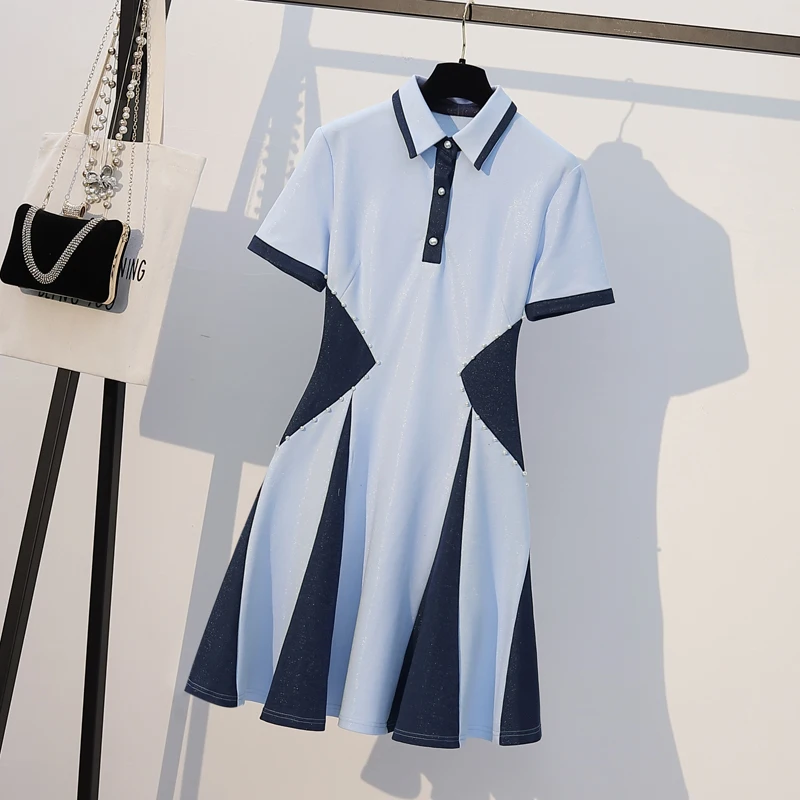 

Fashion Design Women Dress Preppy Style Knitted Patchwork Turn-Down Collar Slim Beaded Female Clothing Top Quality