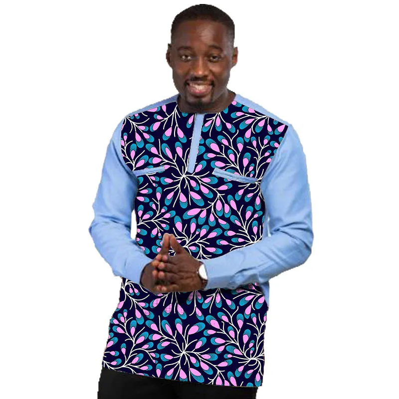 African Patchwork Shirt Light Blue Men's Long Sleeve Tops Male Nigerian Fashion Customized african patchwork t shirt solid pant short sleeve tops baby pink men s set nigerian fashion wedding outfits