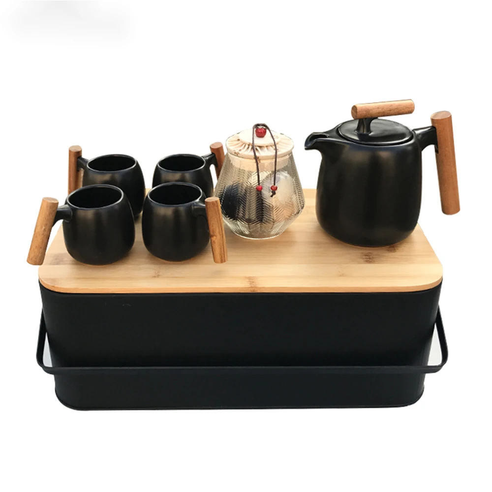 

Japanese Ceramic Tea Set with 4 Teapot, Black Metal Box, Tea Canister, Outdoor Traveling, Birthday Gift, 1Pc
