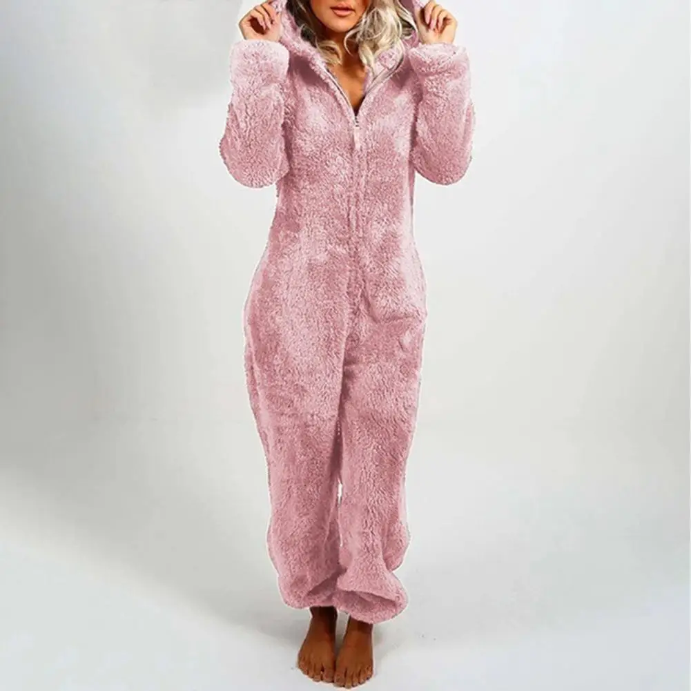 

Fuzzy Fleece Tracksuit Pajama Cozy Plush Winter Jumpsuit Pajamas for Women Hooded One Piece Loungewear with Zipper Closure