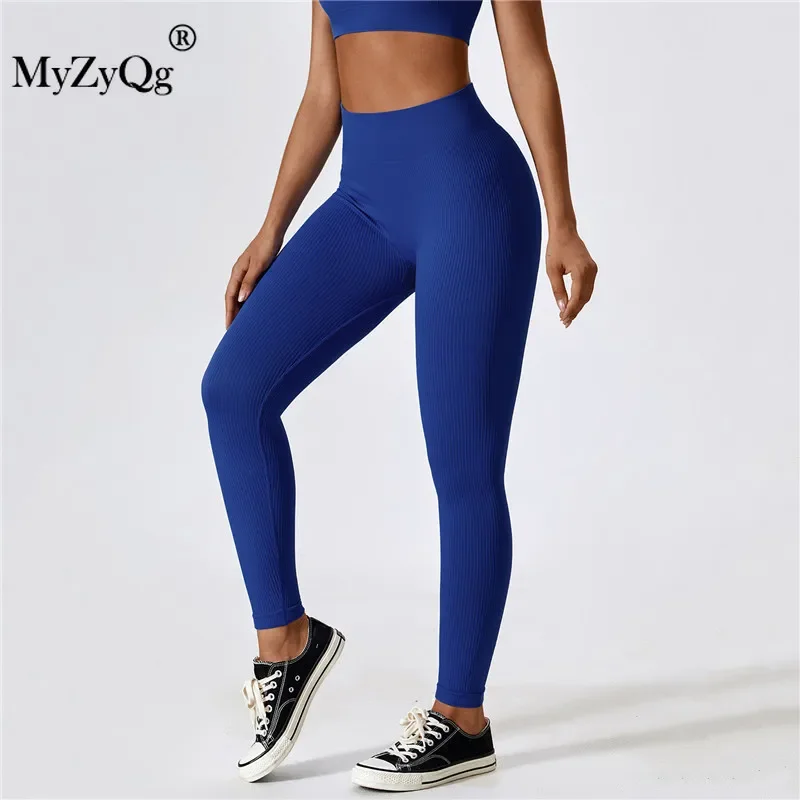 MyZyQg 여성용 스레드 힙 리프트 심리스 요가 레깅스, 필라테 타이트 러닝, 빠른 건조 스포츠 타이츠, 하이 웨이스트 피트니스 바지