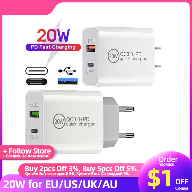 Fast charge 18w Fast Charge Phone Charger USB Type C PD 20W 2 Ports Quick Charge Adapter for IPhone 11 12 Pro Samsung Xiaomi EU/US/UK/AU Plug usb c 30w Chargers