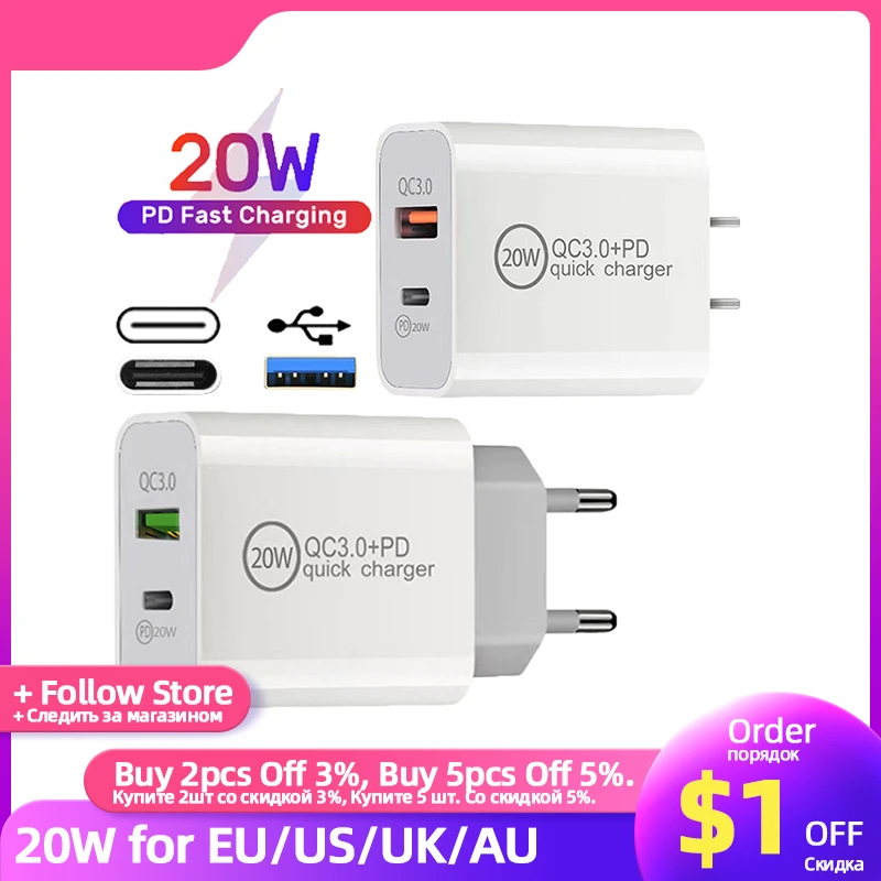 Fast charge 18w Fast Charge Phone Charger USB Type C PD 20W 2 Ports Quick Charge Adapter for IPhone 11 12 Pro Samsung Xiaomi EU/US/UK/AU Plug usb c 30w