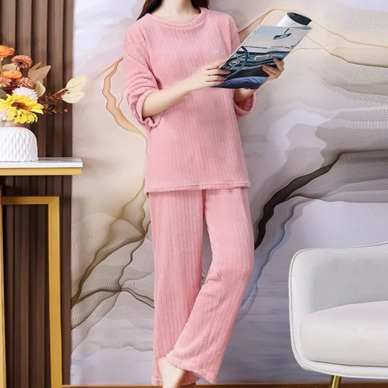 Autumn Winter Flannel Pajamas Women's Two-piece Loose Casual Homewear New O-neck Women's Striped Coral Fleece Simple Pajamas