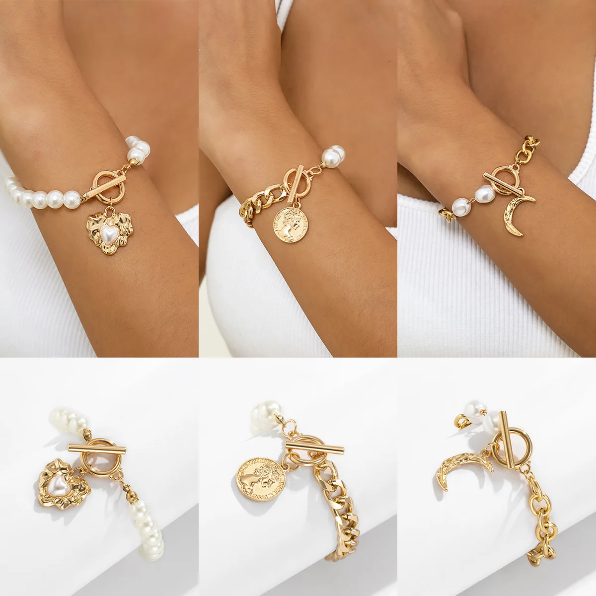 

Retro Punk Golden Pendant Bracelet For Women Stainless Steel Gothic Portrait Heart Moon Pearl Bracelet Jewelry