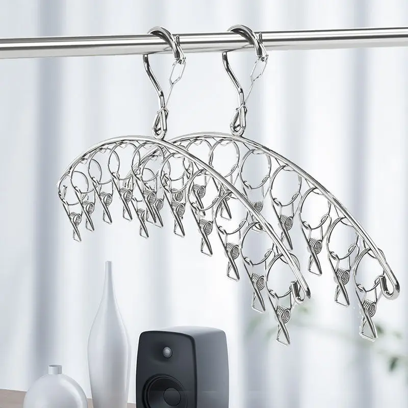 Kleiderbügel aus Edelstahl zum Trocknen von Kleidung, winddicht, Kleiderständer mit 20 Clips, Wäscheständer für Socken, Unterwäsche, Socken, Halter, Kleiderbügel_voghion.com