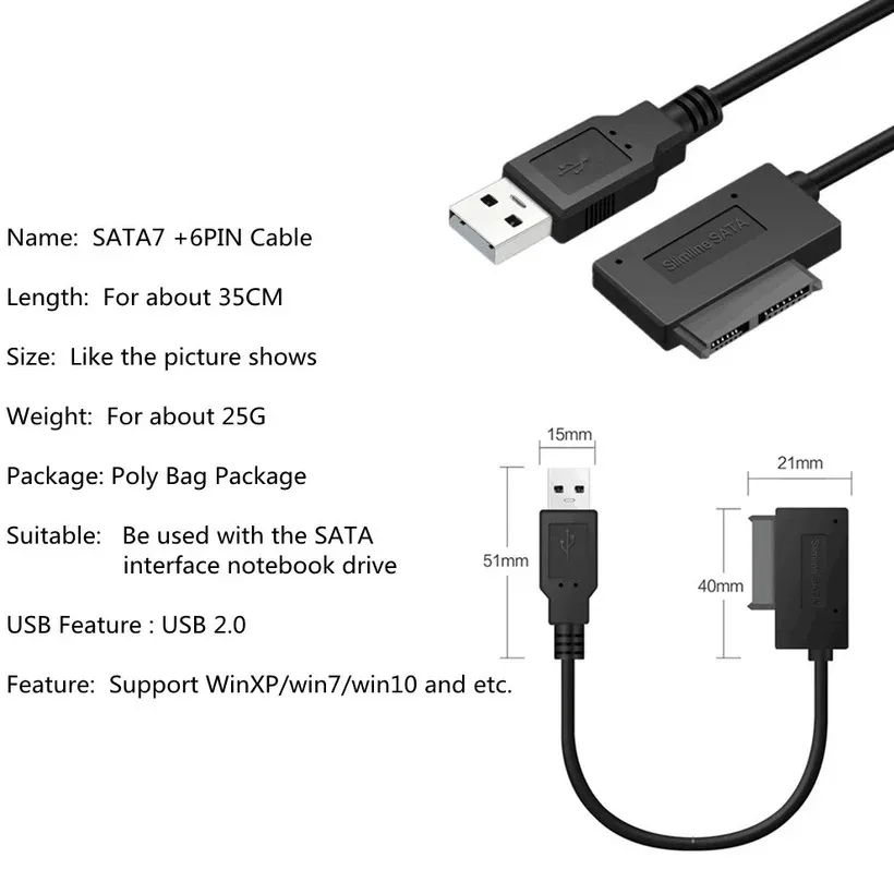 USB Adapter 6P+7P CD/DVD-ROM SATA to USB 2.0 Converter Cable