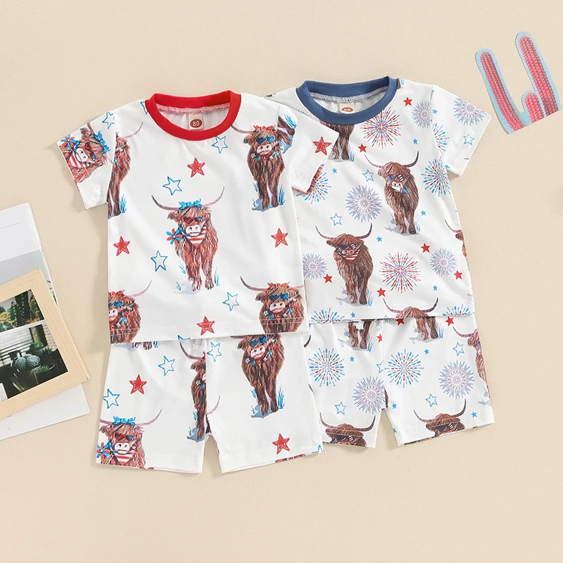 

Toddler Baby Boys Independence Day Clothes Set Cow Print Short Sleeve Crew Neck T-shirt with Elastic Waist Shorts Summer Outfit