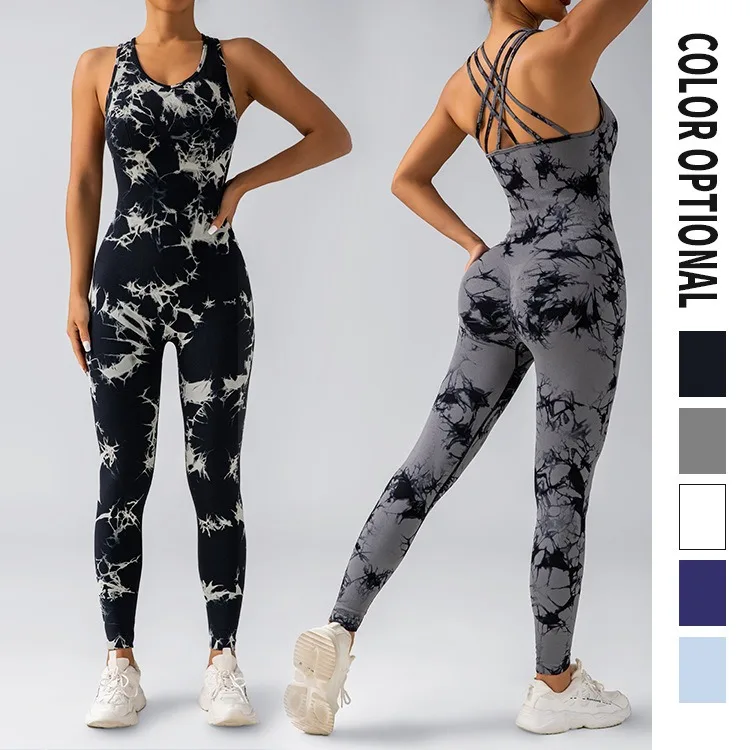 

Spring/Summer tie-dye seamless yoga onesie with chest pad Backless sports fitness pants sleeveless back high stretch yoga wear