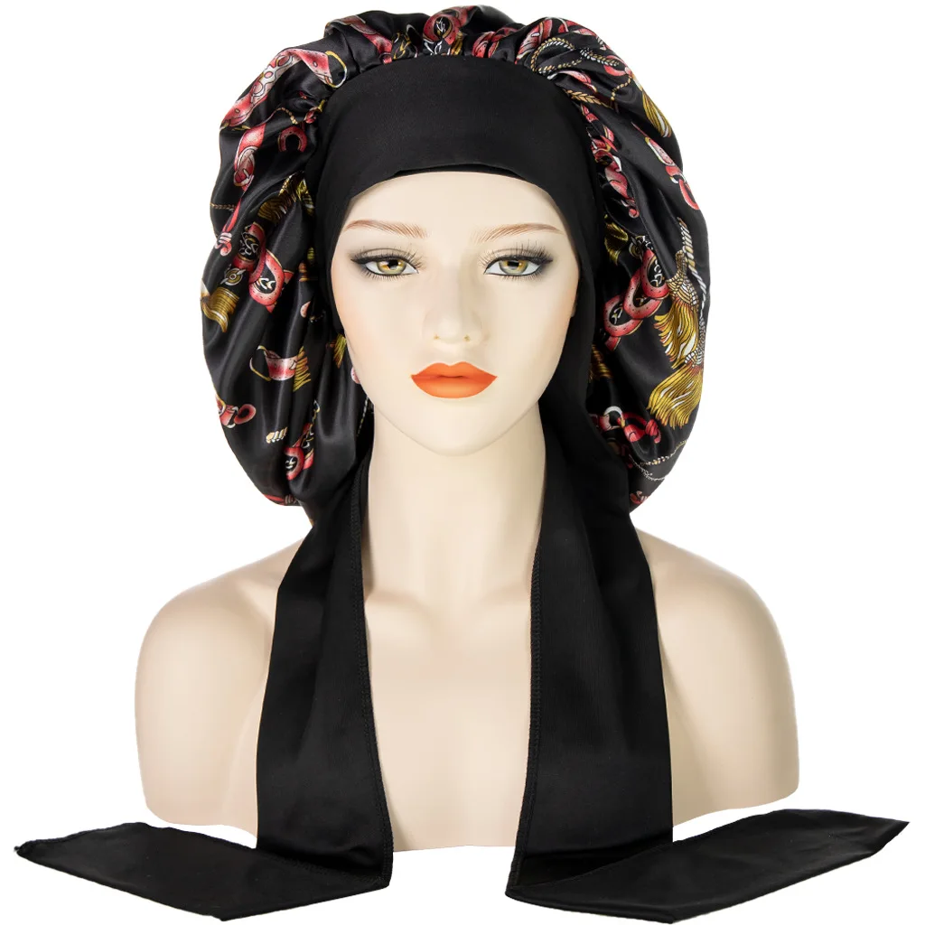 Fshion Floral Print Large Satin Bonnet Hat for Women Long Silk Head Cover Wide Night Sleeping Hat 3