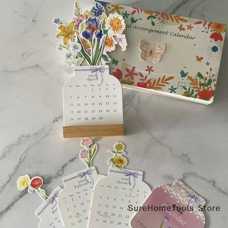 Environmentally Friendly Paper Flower Desktop Calendar Wooden Stand Calendar Cute Exquisite Decorative Ornament Natural Wood