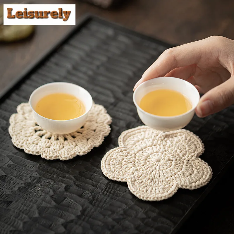 1pc Off-white Sashiko Embroidered Coasters Luxury Mug Plate for Coffee Cups Saucer Heat Insulation Placemats Teacup Base Teaset