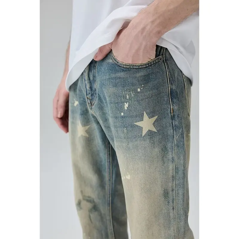 

High Street Ripped Unisex Jeans Pentagram Print Mid-Waist Straight Slim Trousers Autumn Men Casual Washed Distressed Denim Pants