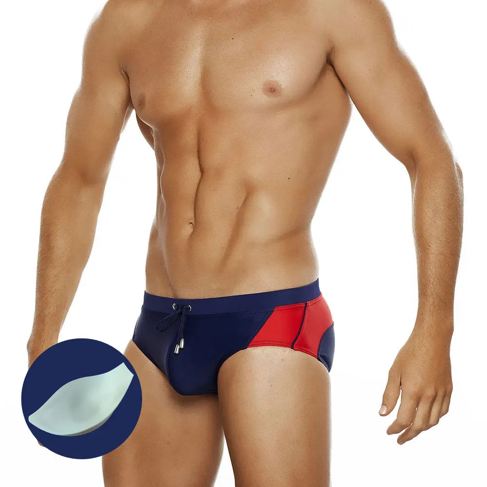 Men's summer fashion color matching triangle swimming trunks with cup anti-light three-dimensional, triangle beach shorts