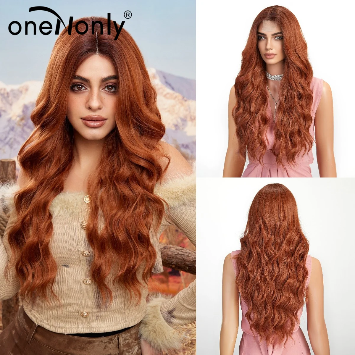 

OneNonly Длинные оранжевые синтетические парики для женщин, фронтальные волнистые парики с челкой для ежедневного косплея, используется термостойкие волосы из волокна