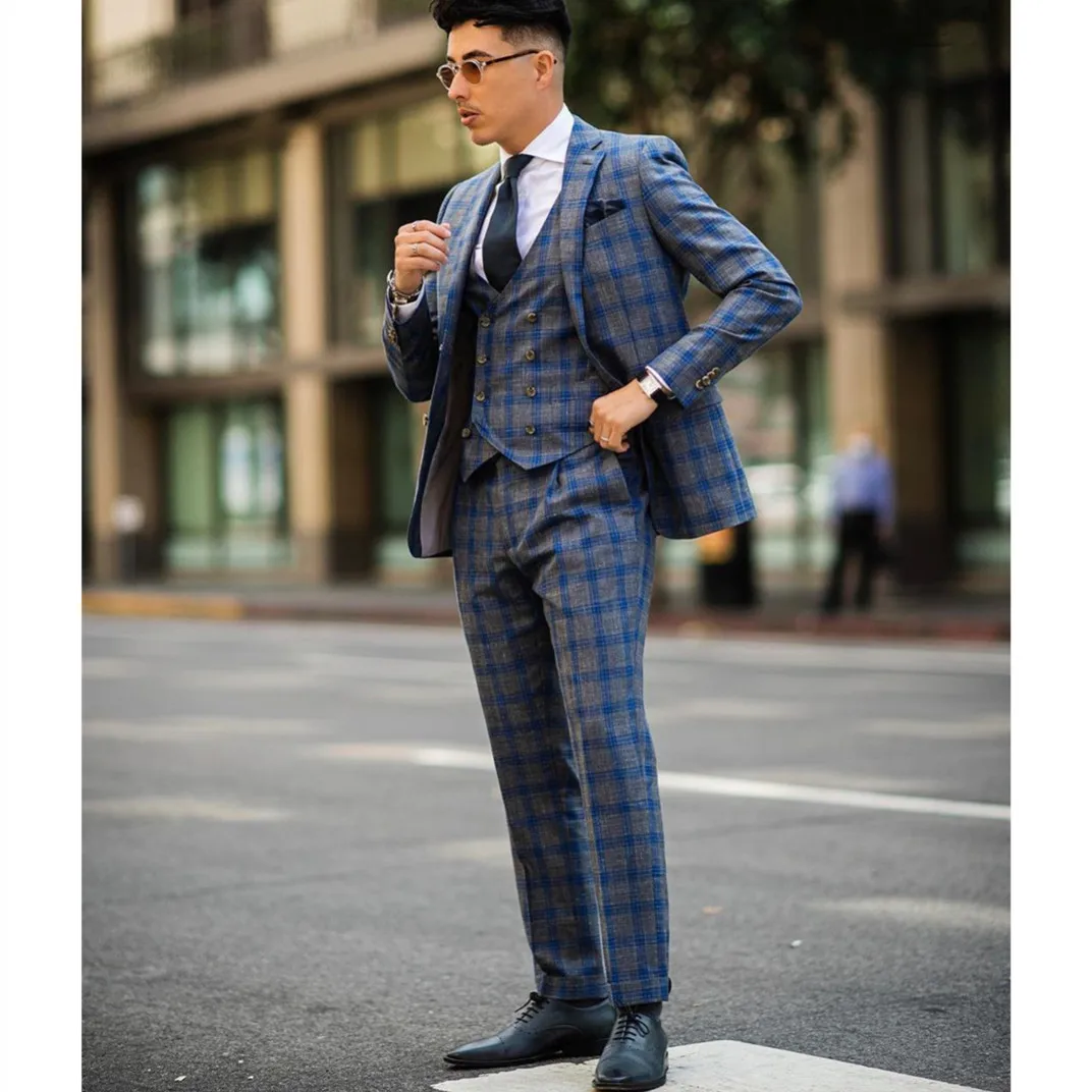 

Men's Suits Tailored 3 Pieces Blazer Vest Pants Single Breasted Peaked Lapel Plaid Stripes Plus Size Tuxedo Formal Custom Made