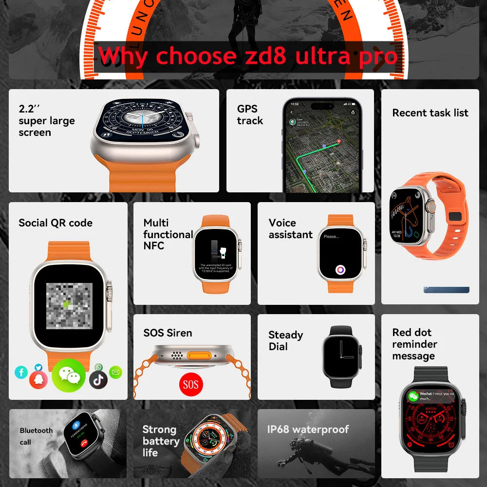 ZORDAI ZD8 Ʈ  Smartwatch ø 8 + 49mm ħ 2.2 &520*585 BT ȭ NFC ECG IP68   Ʈ ġ Z8 ִ ÷