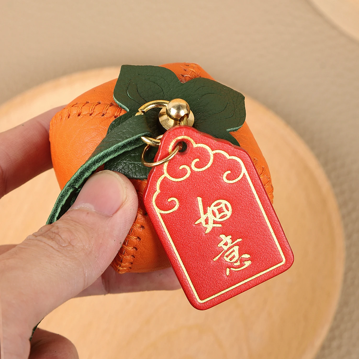 CRAZYSMITH Handmade Genuine Leather Bag Charm Persimmon Keychain Purse Charms Bag Pendant for Handbags Gift Bag Accessories