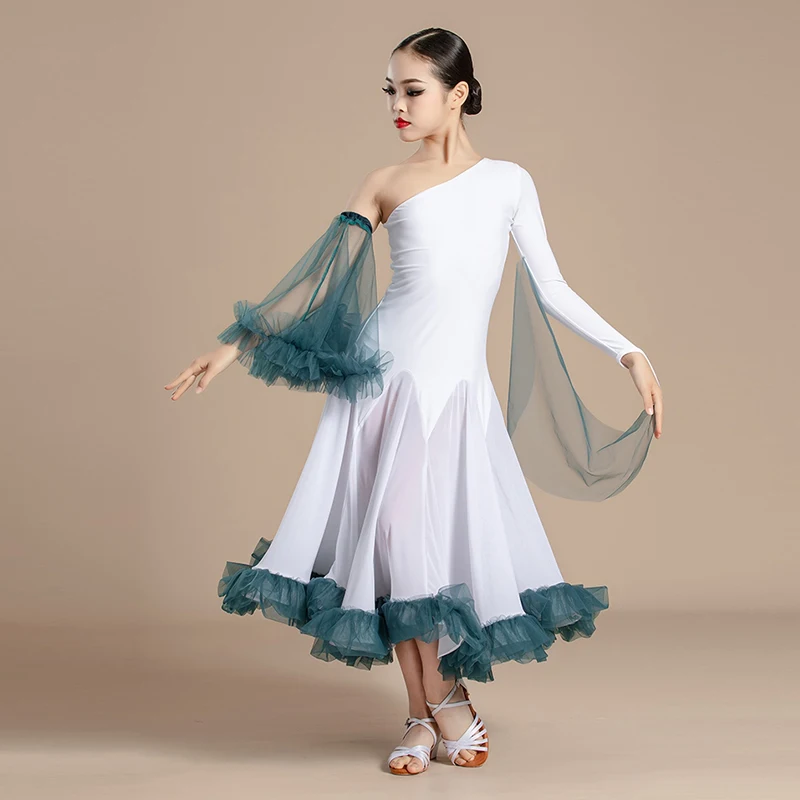 Girls One-Sleeve Ballroom Dance Dresses Standard Dancing Performance Costume Children Waltz Tango Dance Dress