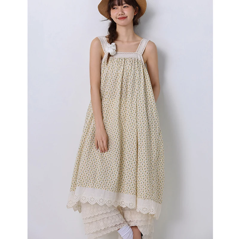 

Summer Mori Girl Women Sweet Floral Printed Slip Dress New Loose Sleeveless Embroidery Cotton And Linen Female Dresses K079