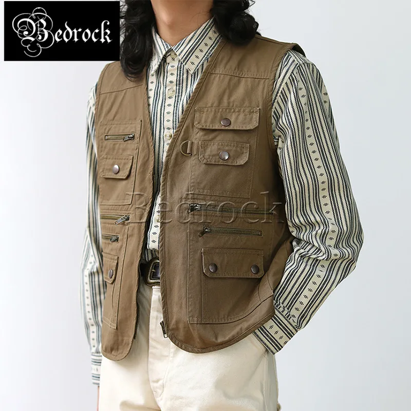 MBBCAR khaki vintage fishing vest for men multi pocket 100% cotton